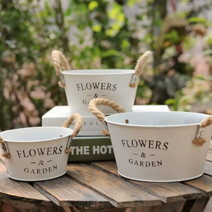 White Farmhouse Metal Planter, Oval or Round