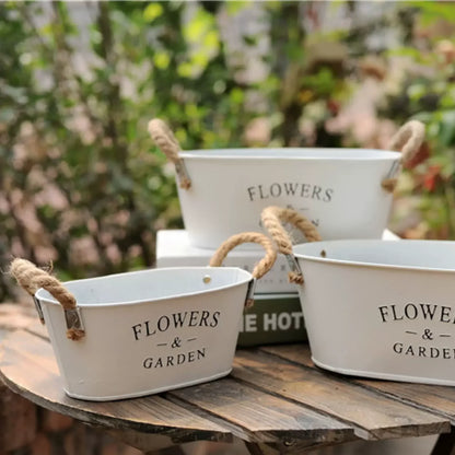 White Farmhouse Metal Planter, Oval or Round