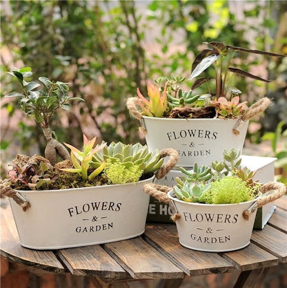 White Farmhouse Metal Planter, Oval or Round