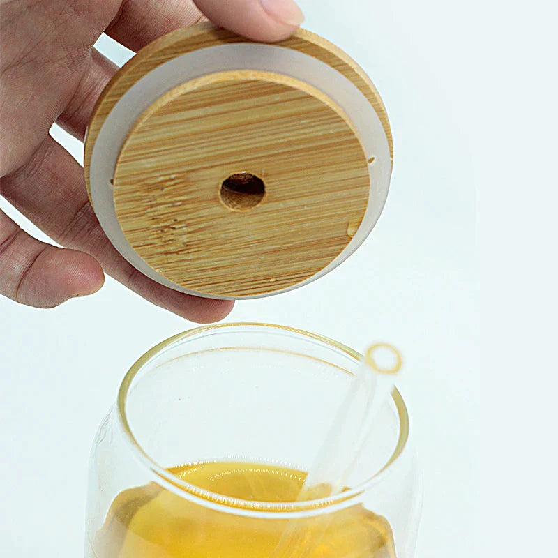 Decorbites™ Cup Set with Bamboo Lid: Bubble Tea, Coffee, Wine, Milk ceramic mug with nature-inspired artwork - product view 4