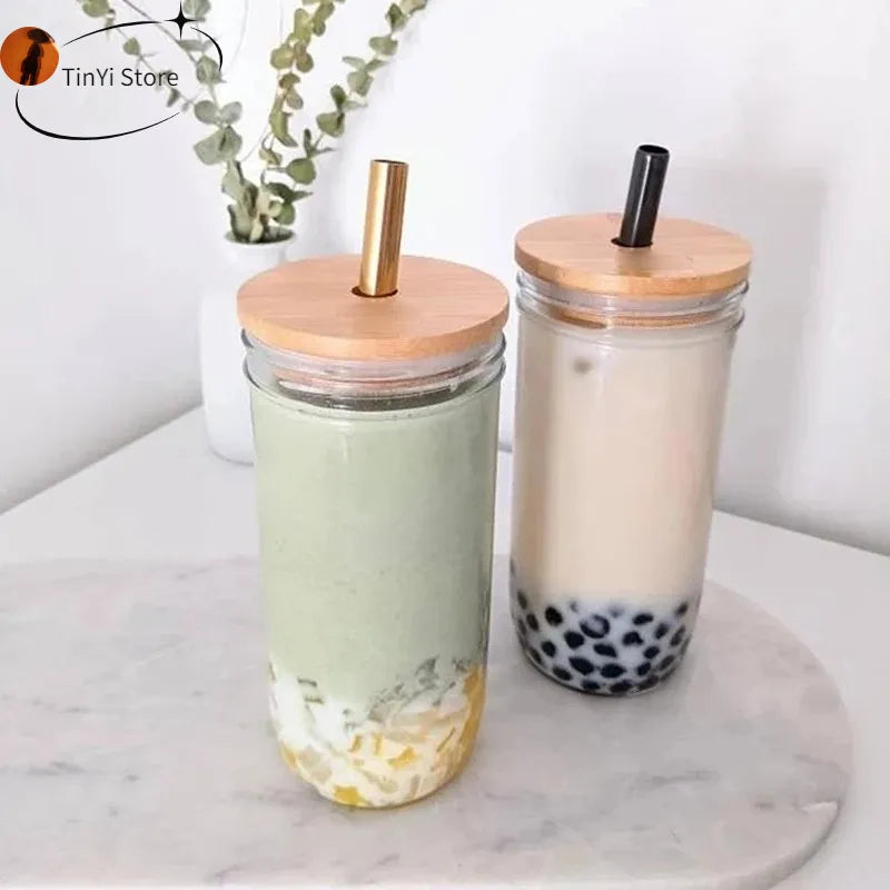 Decorbites™ Boba Smoothie Cup with Bamboo Lid & Stainless Steel Straw uncategorized / needs cleanup with nature-inspired artwork