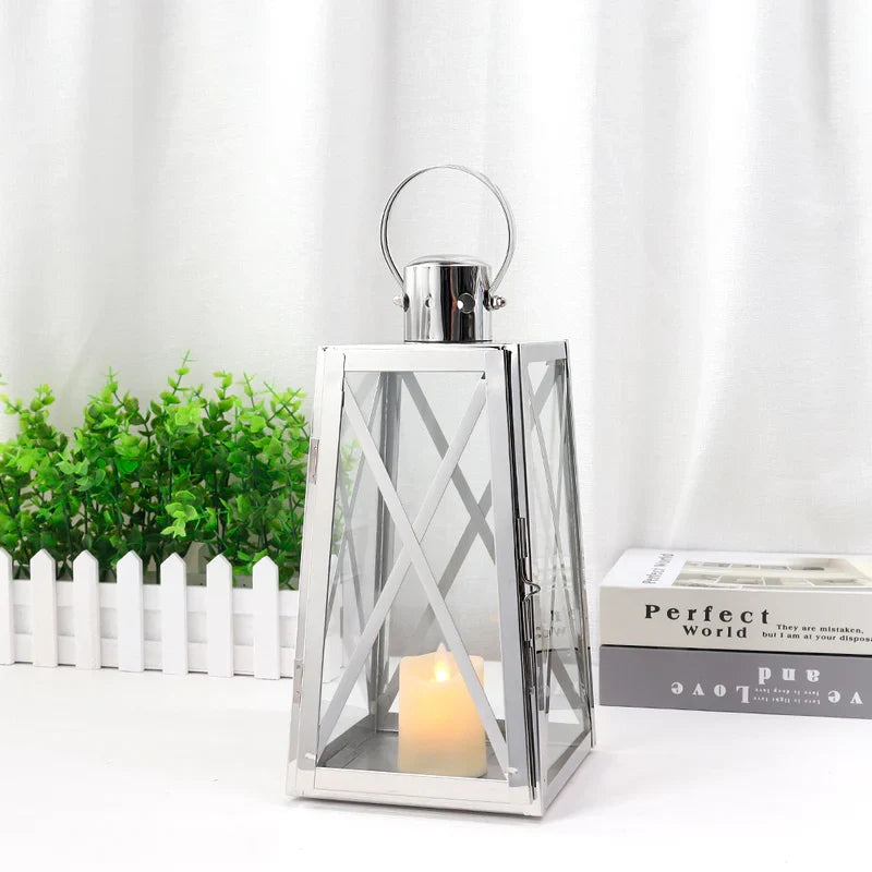 12''h Stainless Steel Decorative Lantern (trapezoid) decorative candle lanterns with nature-inspired artwork
