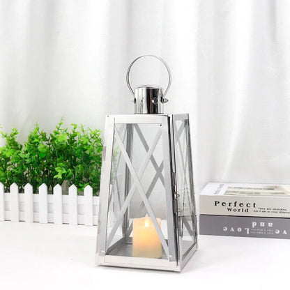 12''h Stainless Steel Decorative Lantern (trapezoid) decorative candle lanterns with nature-inspired artwork