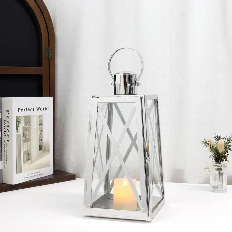 12''h Stainless Steel Decorative Lantern (trapezoid) decorative candle lanterns with nature-inspired artwork - product view 2