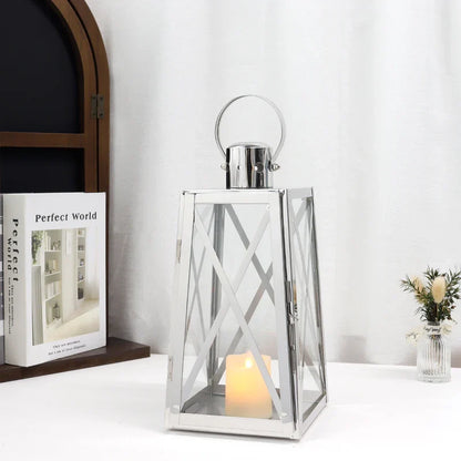12''h Stainless Steel Decorative Lantern (trapezoid) decorative candle lanterns with nature-inspired artwork - product view 2