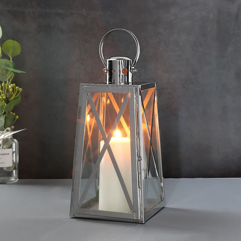 12''h Stainless Steel Decorative Lantern (trapezoid) decorative candle lanterns with nature-inspired artwork - product view 3