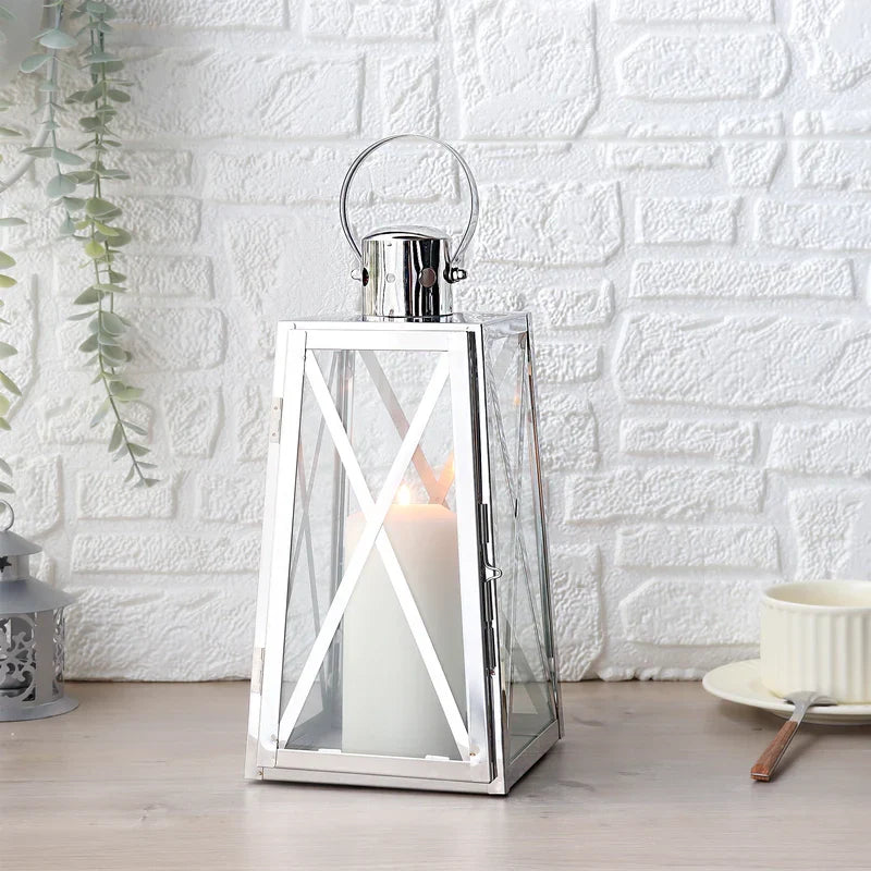 12''h Stainless Steel Decorative Lantern (trapezoid) decorative candle lanterns with nature-inspired artwork - product view 4