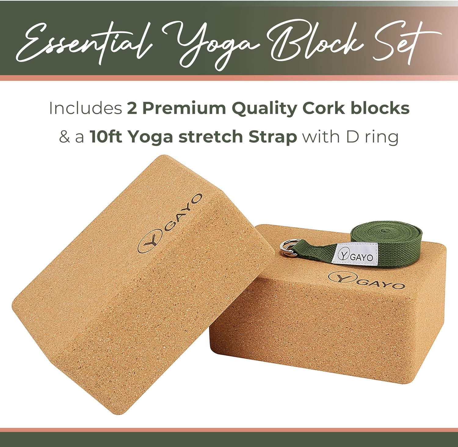 Sustainable Large Cork Yoga Blocks & Strap Set yoga cork blocks with nature-inspired artwork - product view 5