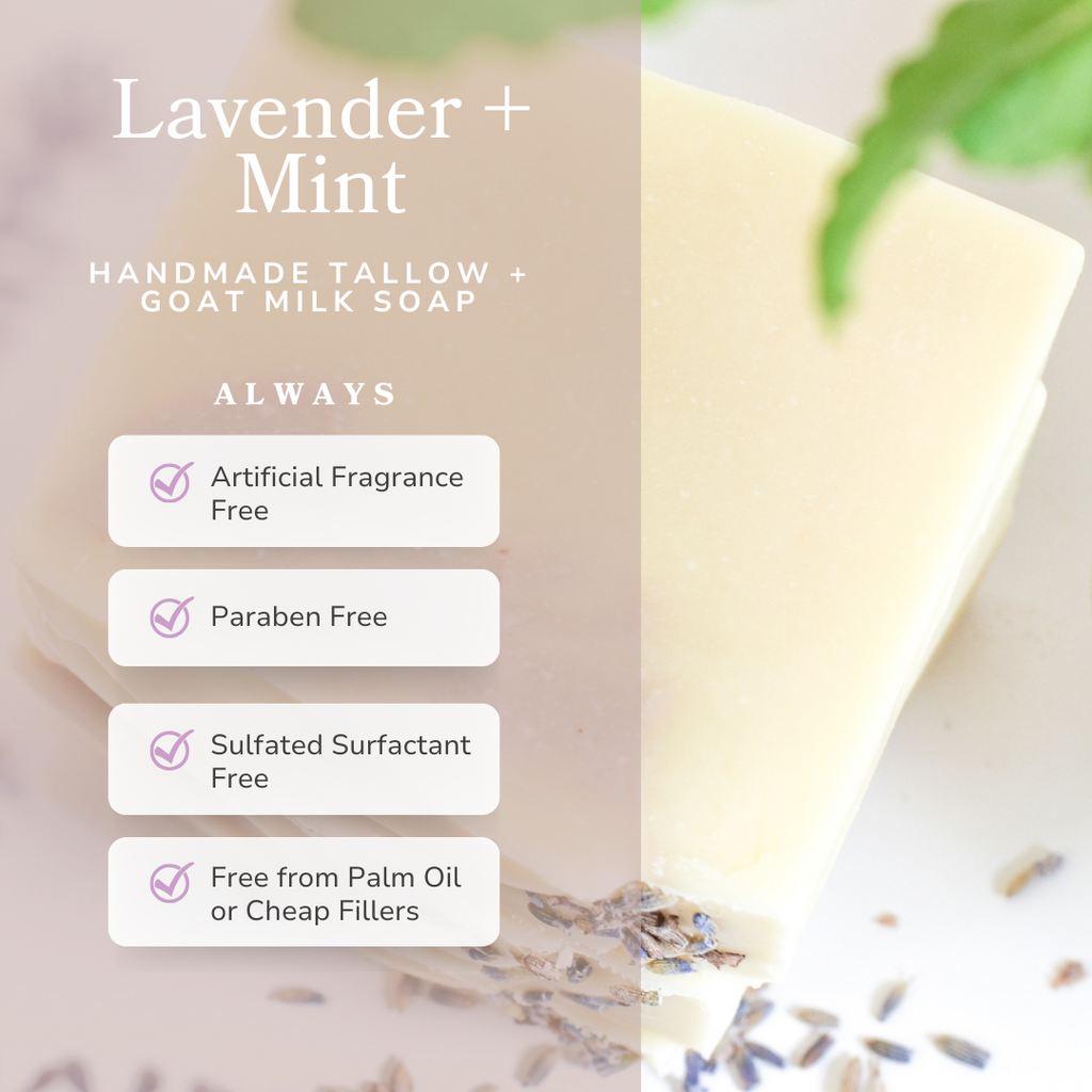 Lavender + Mint Handmade Tallow and Goat Milk Soap Bar bar soap with nature-inspired artwork - product view 2