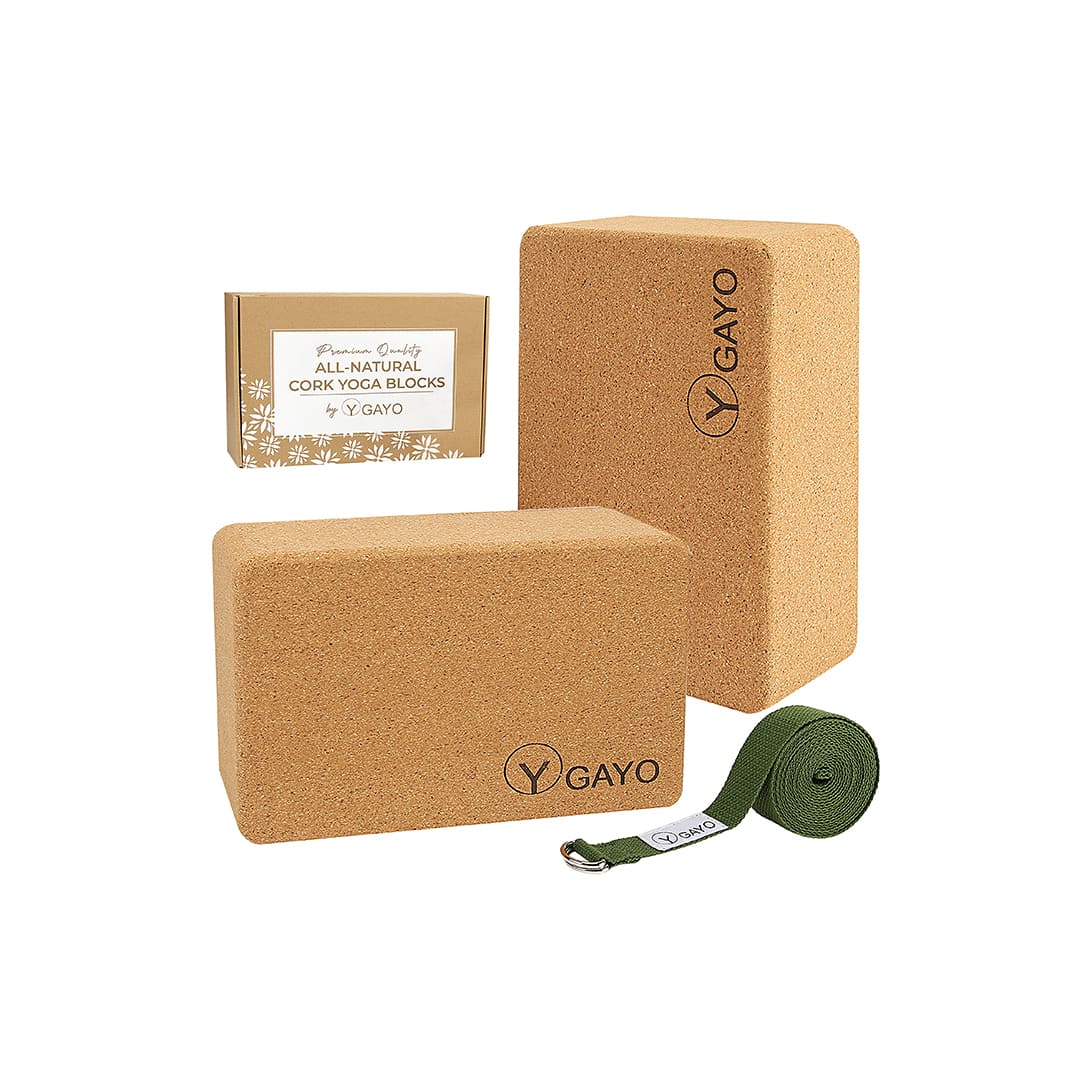 Sustainable Large Cork Yoga Blocks & Strap Set yoga cork blocks with nature-inspired artwork