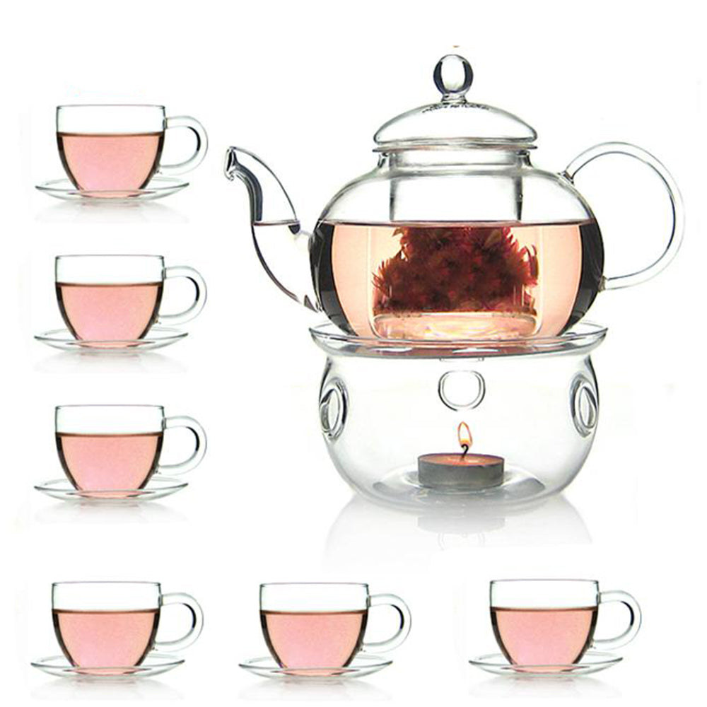Set of Teapot with Infuser + Warmer and 6 Single Layer Cups with Cup tea set#2 with nature-inspired artwork