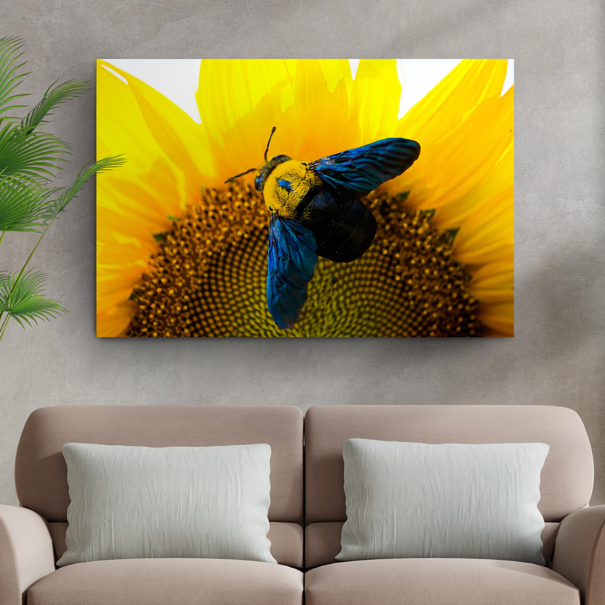 Bee Hoverfly Above a Sunflower Canvas wall art with nature-inspired artwork - product view 3
