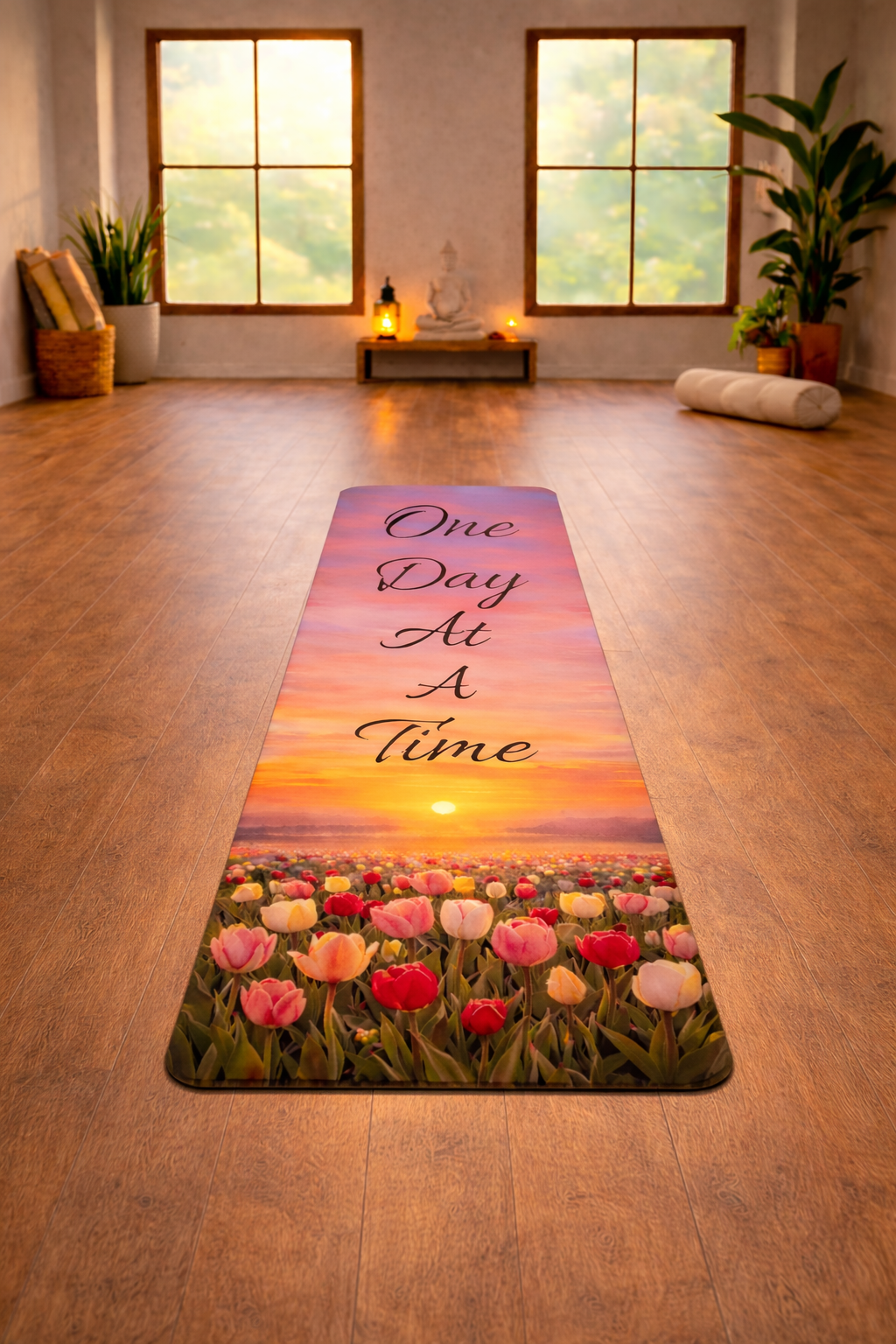 Tulip Field Sunset yoga mat with nature-inspired artwork