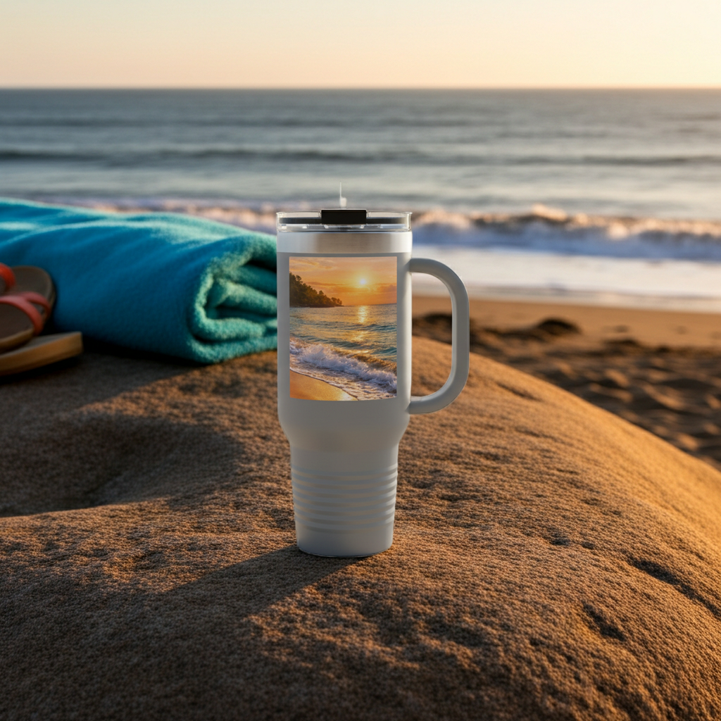 Travel mug with beach scene on sand by ocean