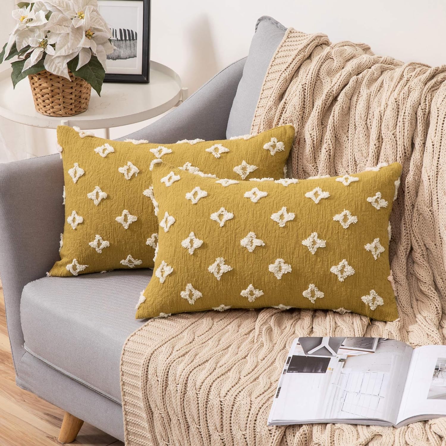 12''x20'' Tufted Floral Lumbar Support 100% Cotton Throw Pillow pillow cover with nature-inspired artwork