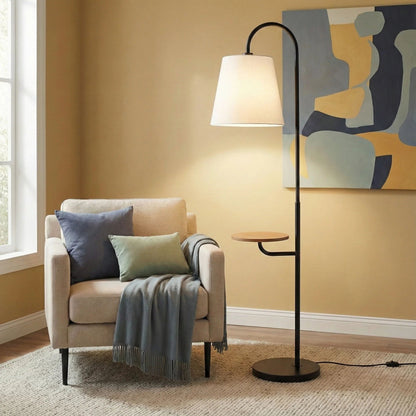Black and White Floor Lamp With Wooded Table Base