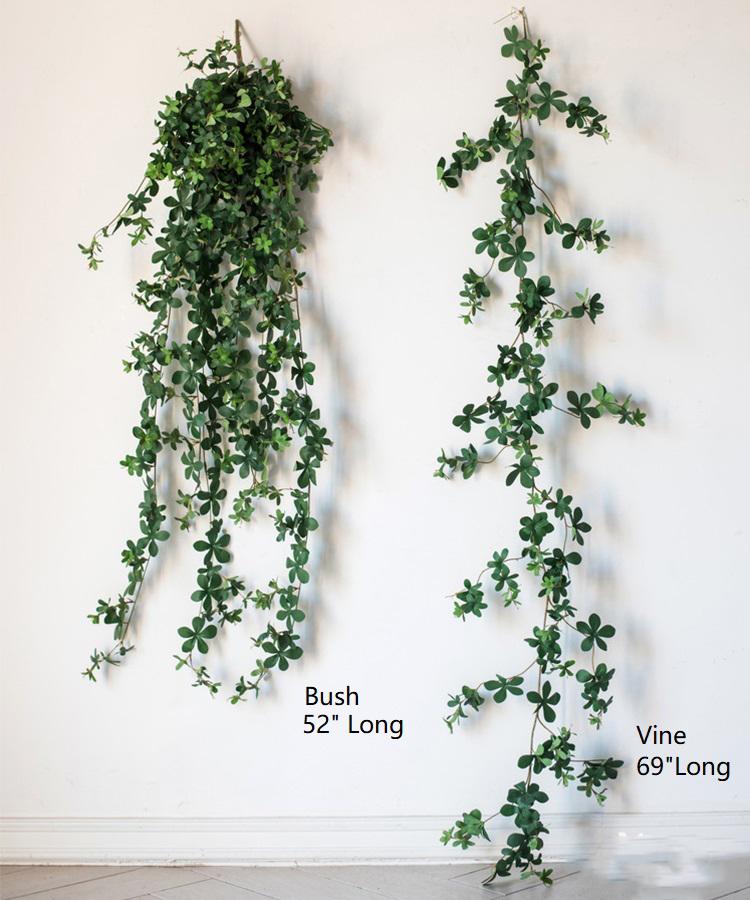 Two artificial greenery products, a bush and a vine, on a white background with measurements indicated.