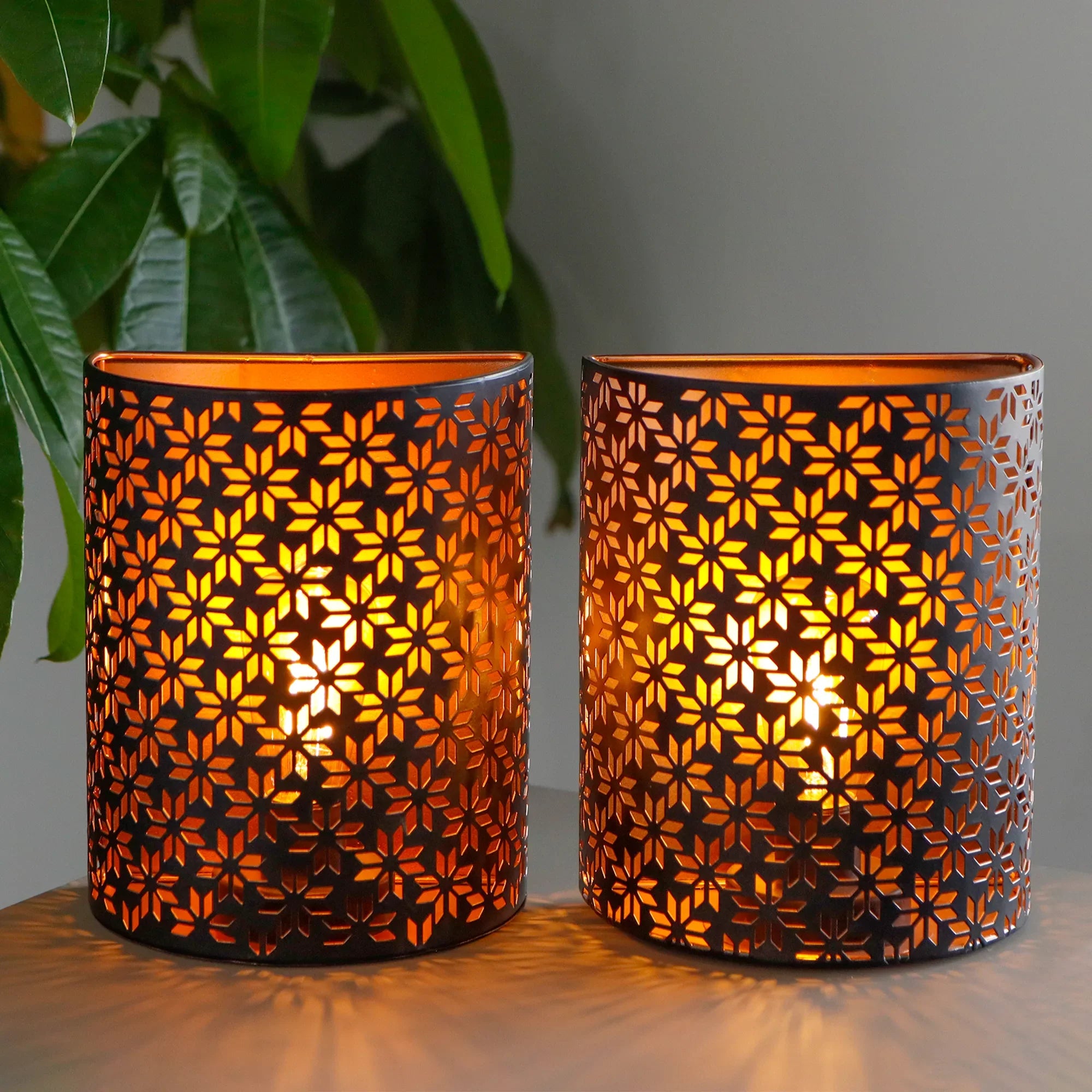 Set of 2 battery operated lamps with nature-inspired artwork