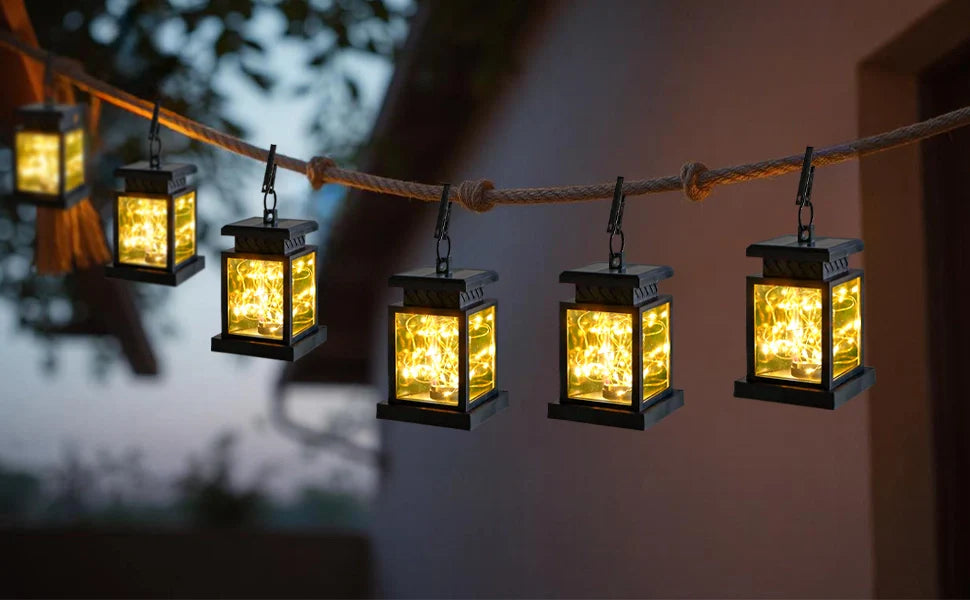 Set of 6 Solar Lantern Lights battery operated lamps with nature-inspired artwork