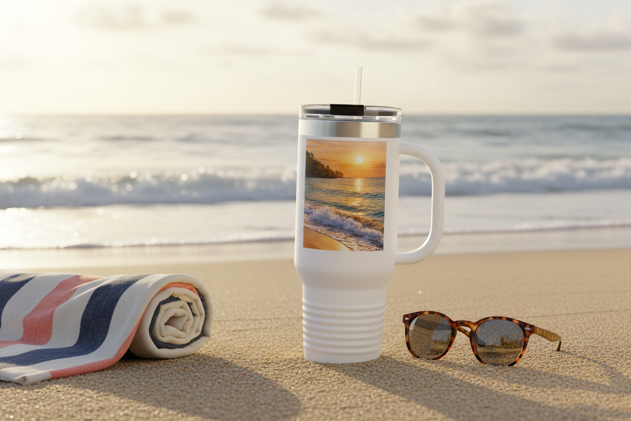 Beach mug on sand