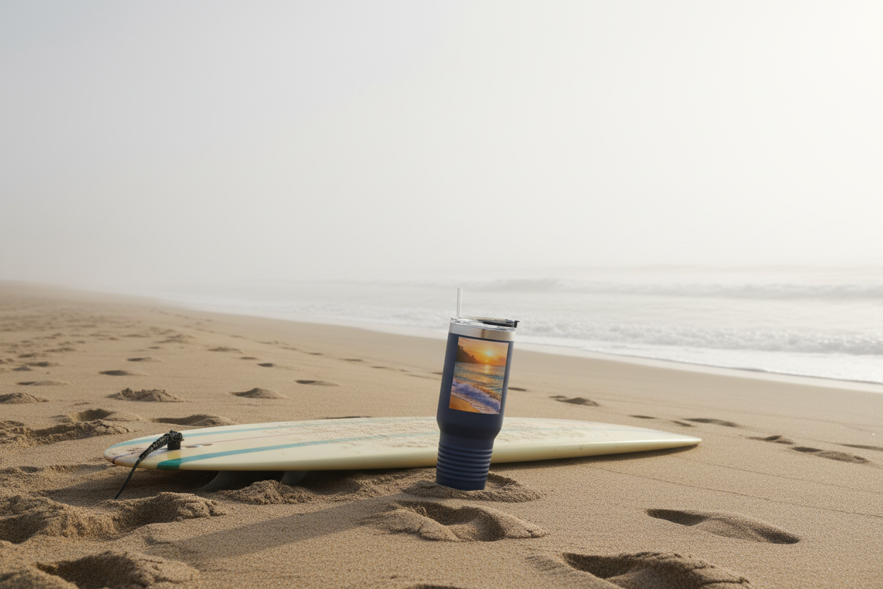 Beach mug with surfboard