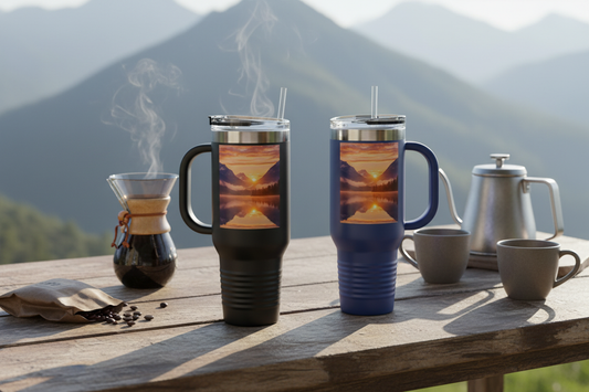 Black and navy mugs outdoor setup
