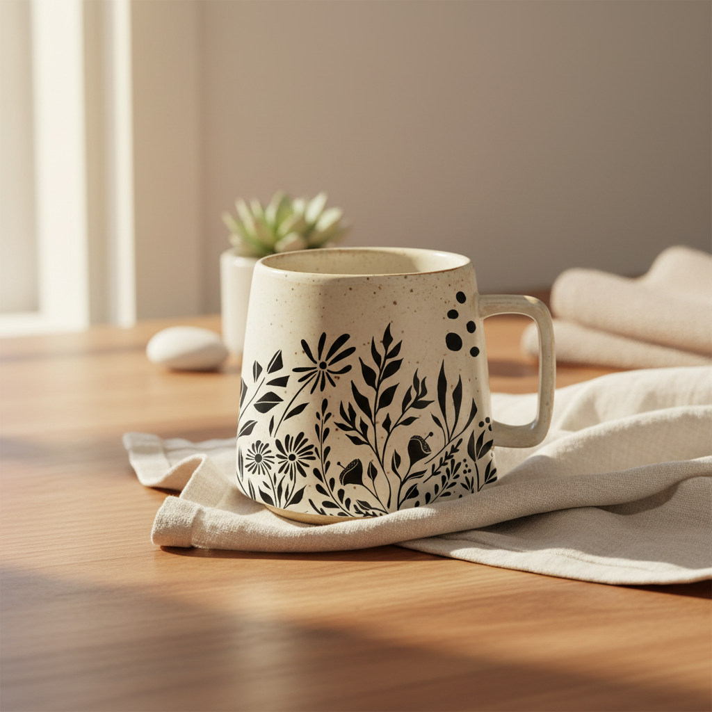 Black Botanical Ceramic Mug Lifestyle Mockup