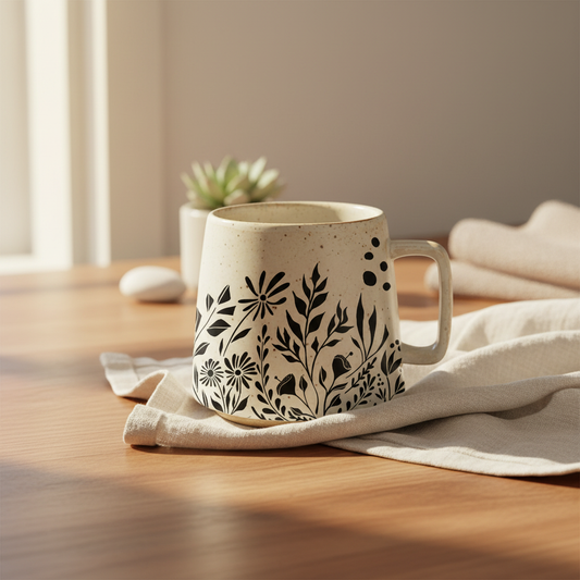 Black Botanical Ceramic Mug Lifestyle Mockup