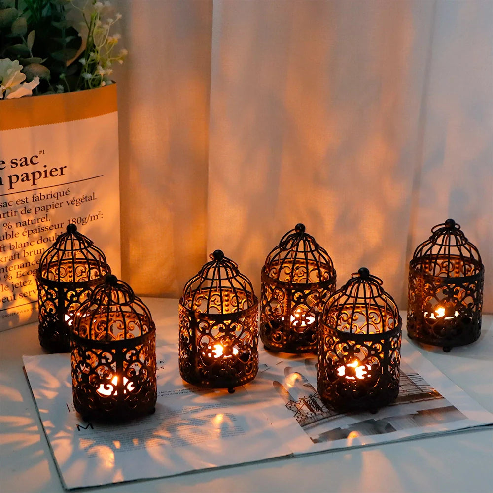 Set of 6 5.5" H Hanging Birdcage Tealight Lantern (black) candle holder with nature-inspired artwork - product view 3