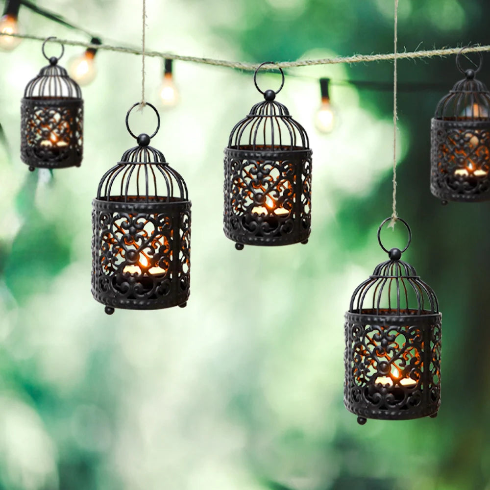 Set of 6 5.5" H Hanging Birdcage Tealight Lantern (black) candle holder with nature-inspired artwork - product view 4