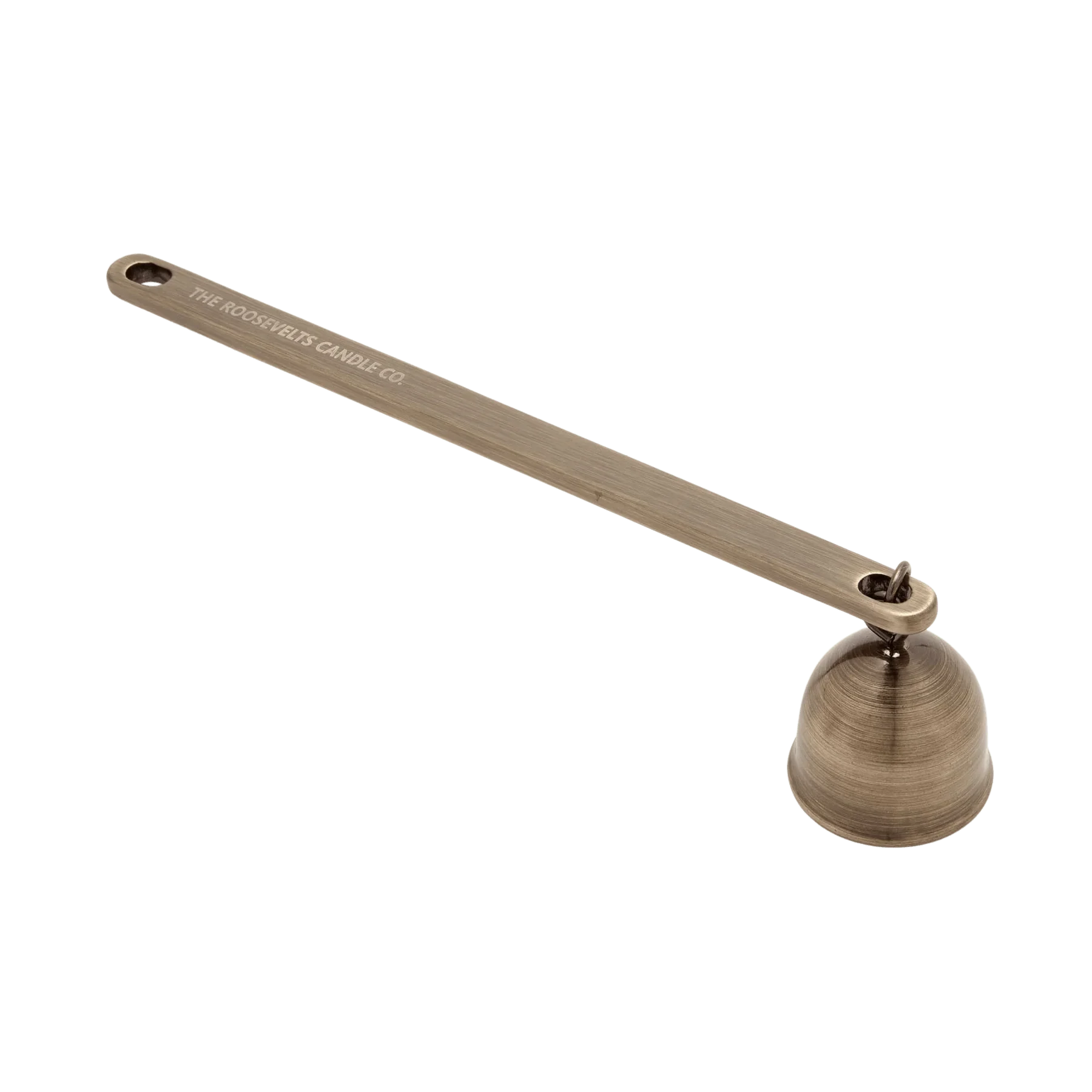 Bronze candle snuffer with 'The Woodwick Candle Co.' branding on a white background