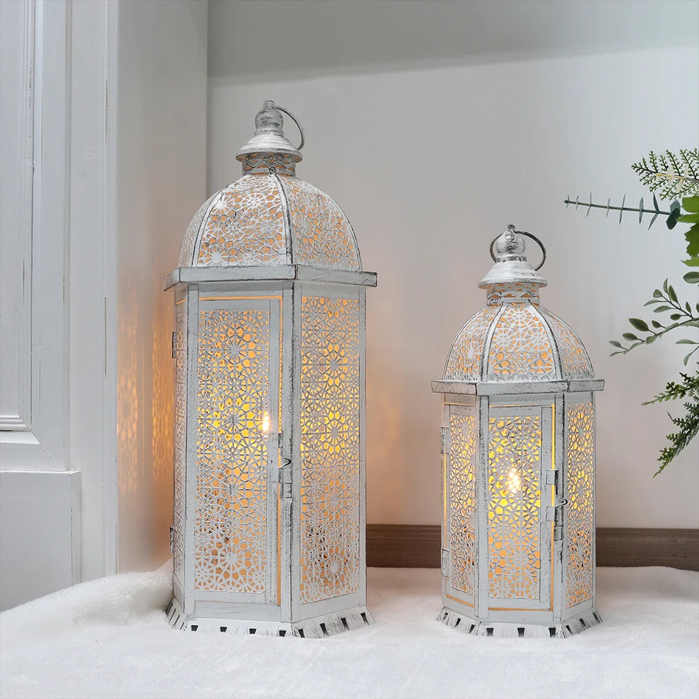 Set of 2-15"&19.5"H White Metal Lanterns