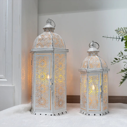Set of 2-15"&19.5"H White Metal Lanterns