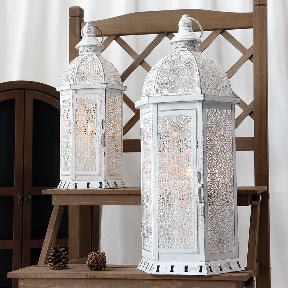 Set of 2-15"&19.5"H White Metal Lanterns