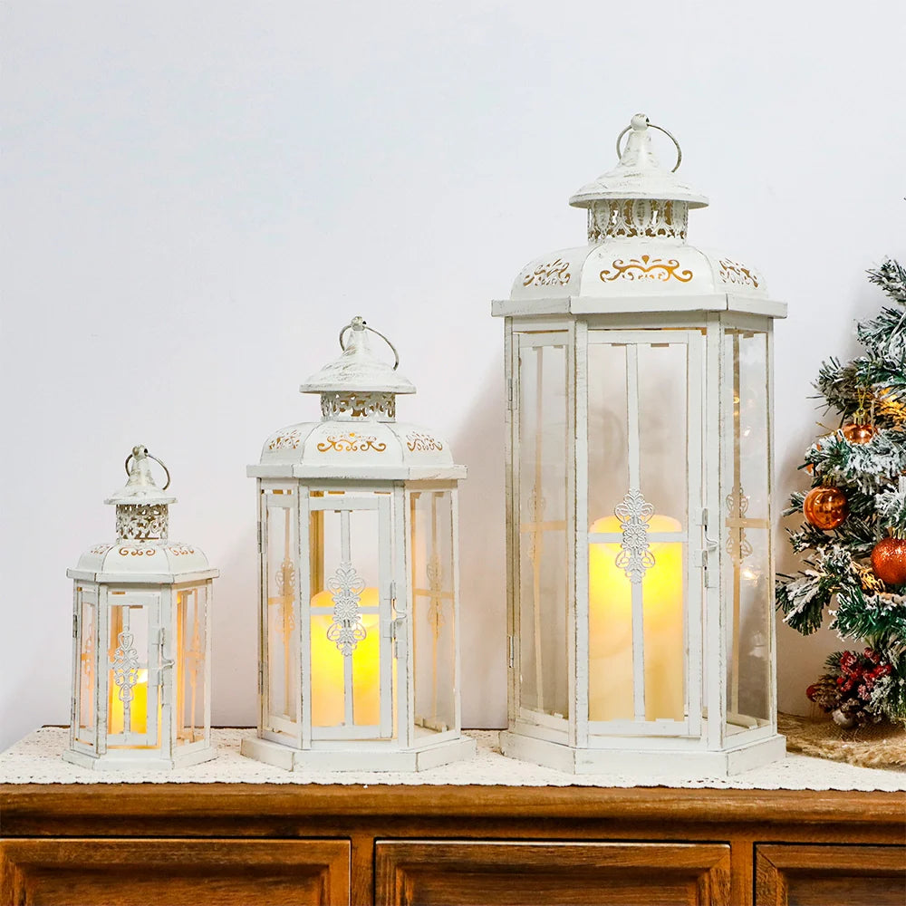 Set of 3 decorative candle lanterns with nature-inspired artwork - product view 4