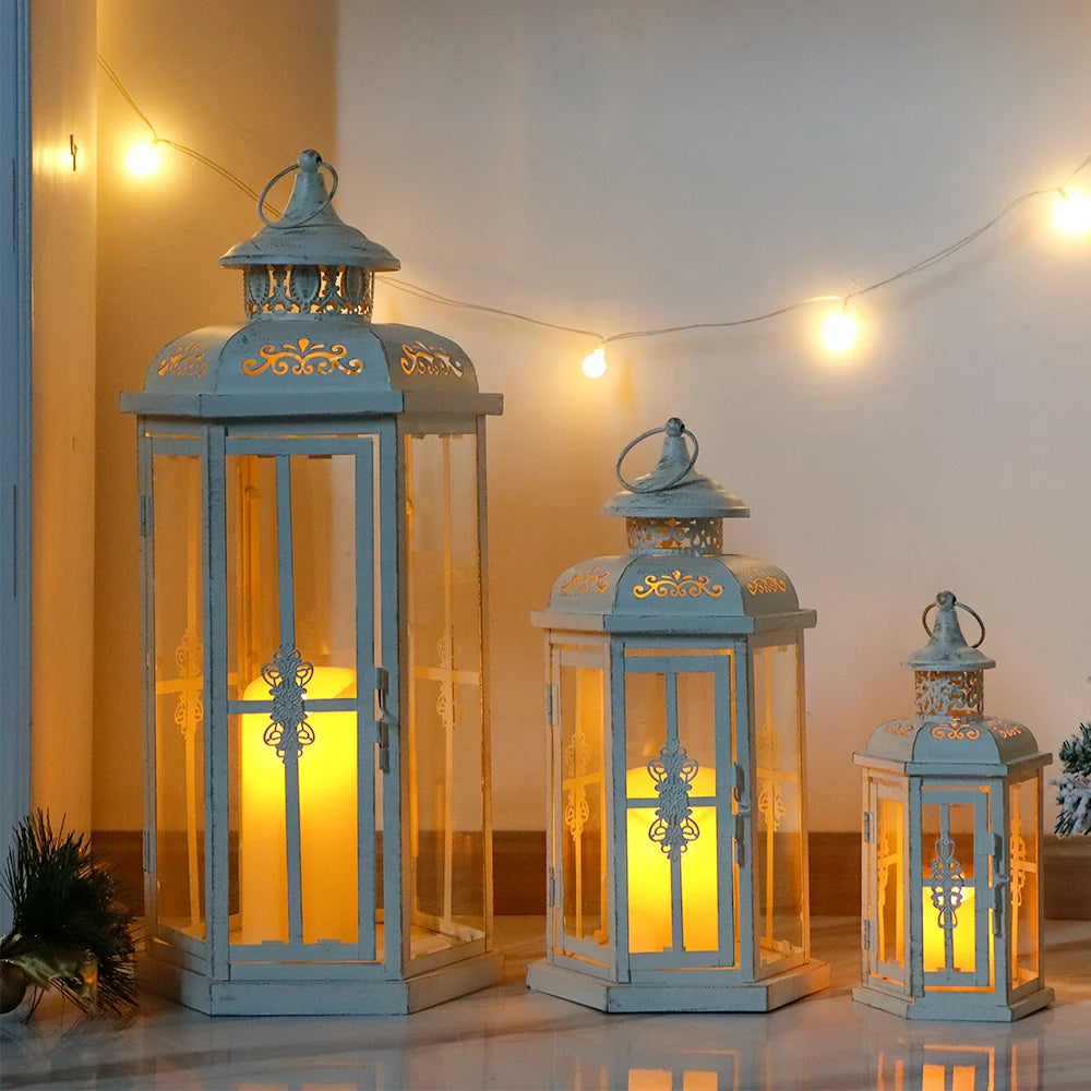 Set of 3 decorative candle lanterns with nature-inspired artwork - product view 3