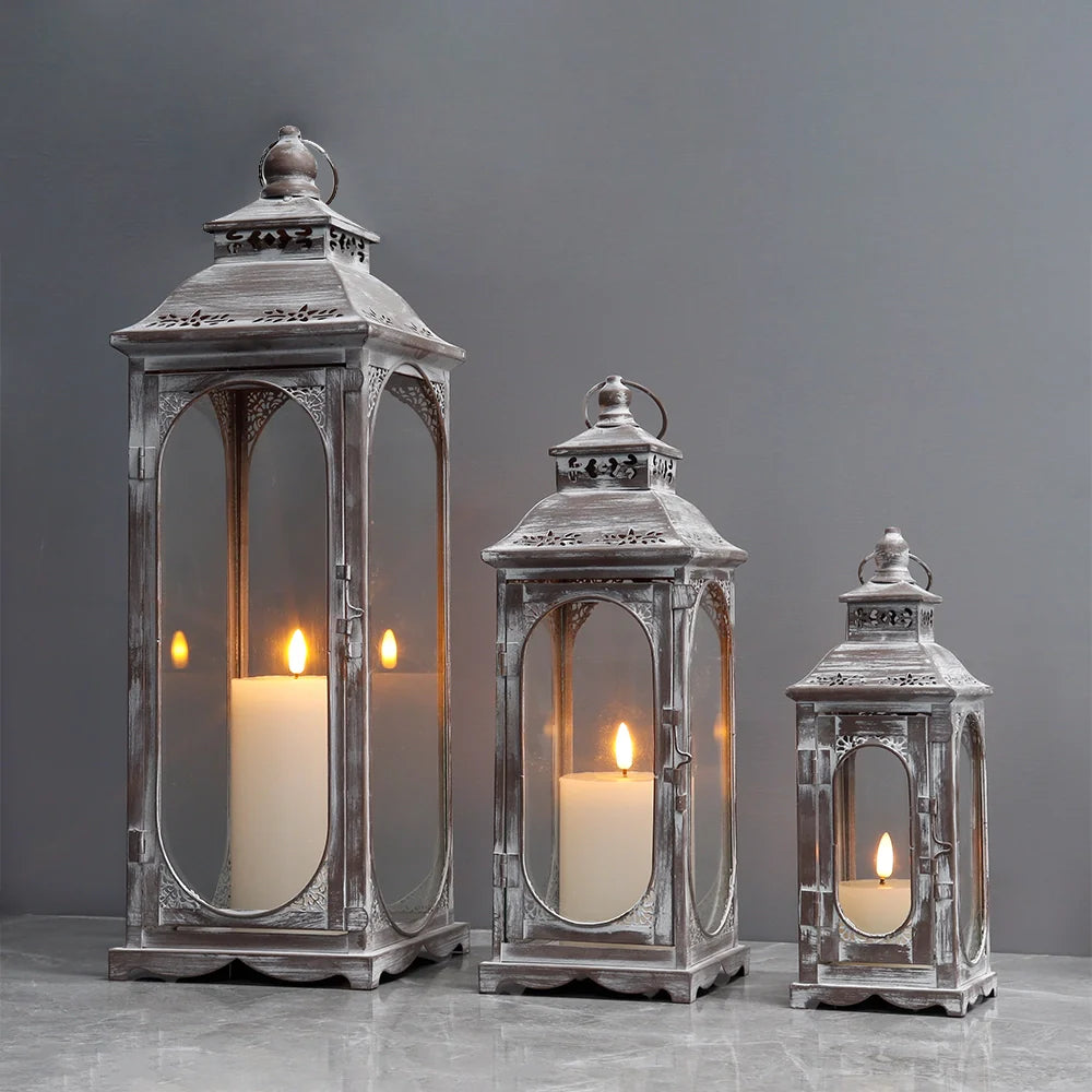 Set of 3 10/14/19.5''h Candle Lanterns(cement Grey) decorative candle lanterns with nature-inspired artwork
