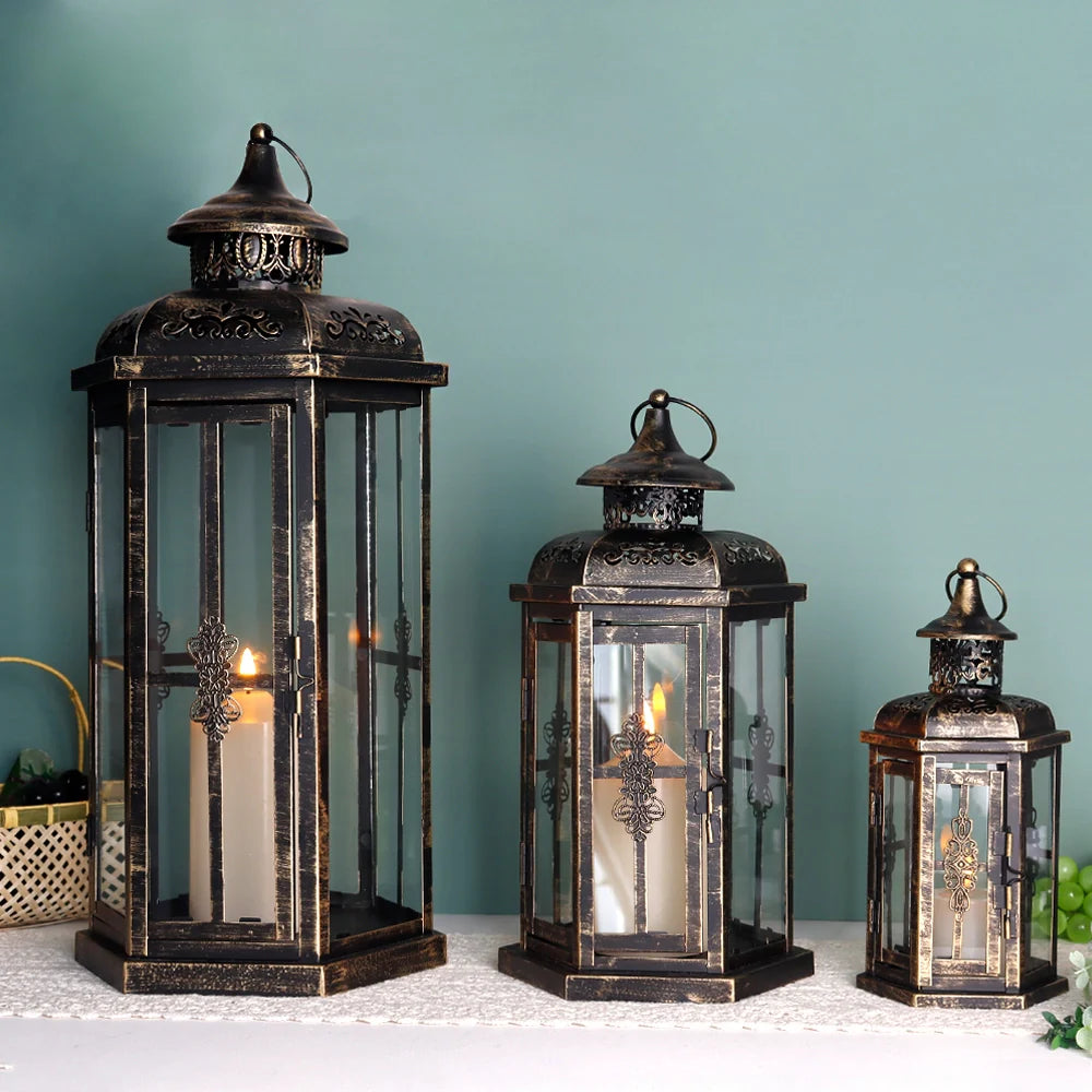Set of 3 decorative candle lanterns with nature-inspired artwork - product view 5