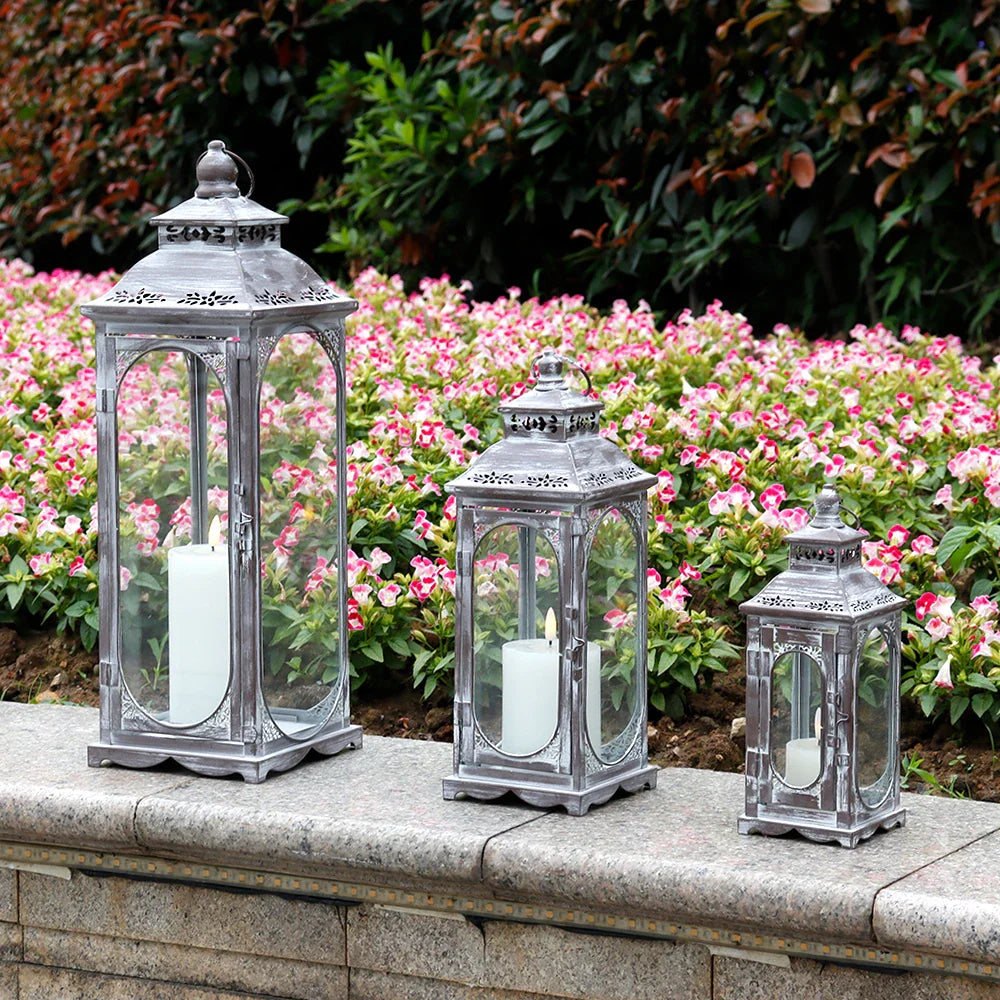 Set of 3 10/14/19.5''h Candle Lanterns(cement Grey) decorative candle lanterns with nature-inspired artwork - product view 2