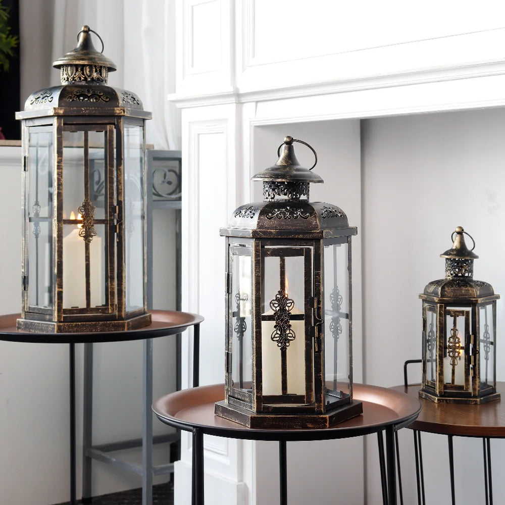 Set of 3 decorative candle lanterns with nature-inspired artwork - product view 6