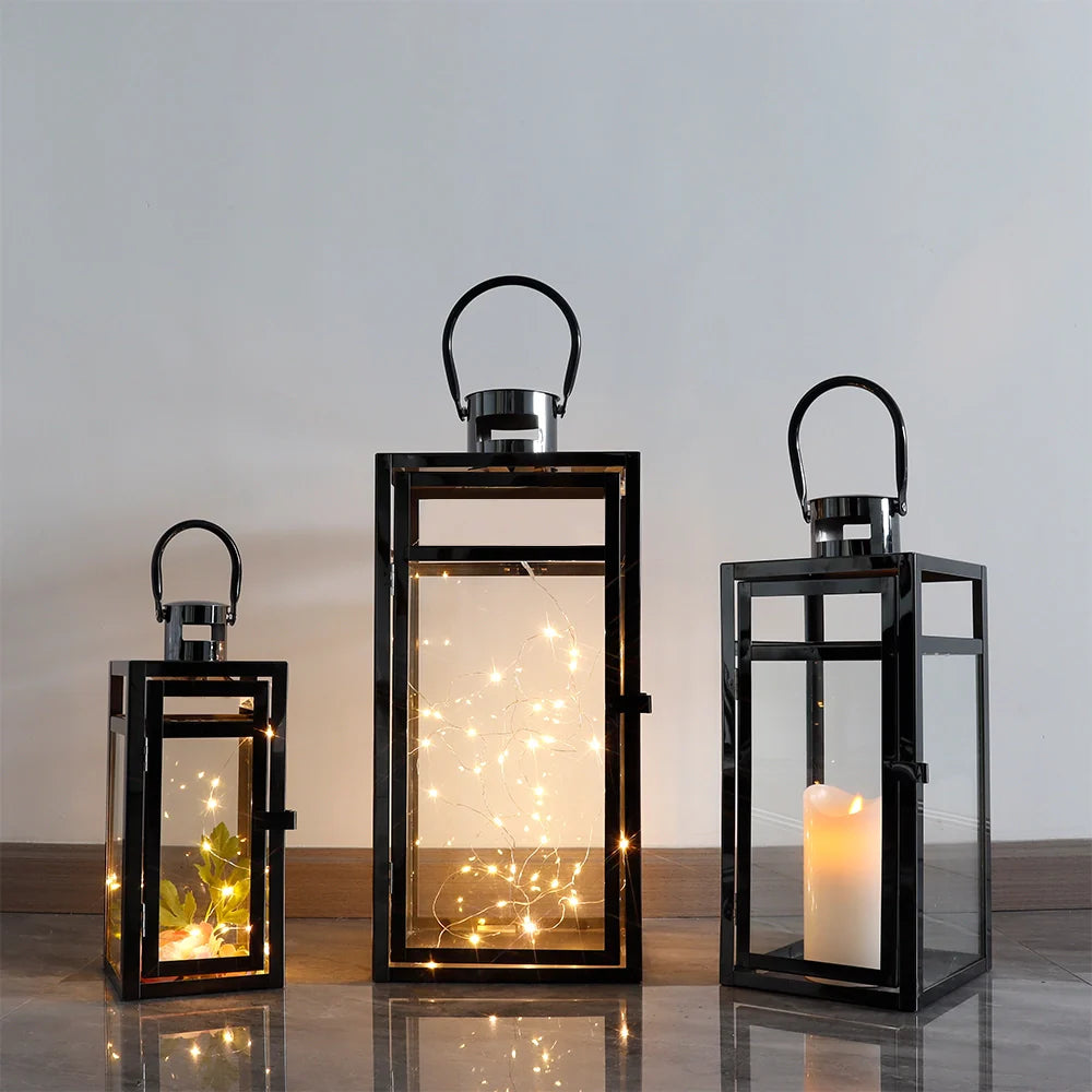  Set of 3 Stainless Steel Lantern (12/15/19'') decorative candle lanterns with nature-inspired artwork - product view 3