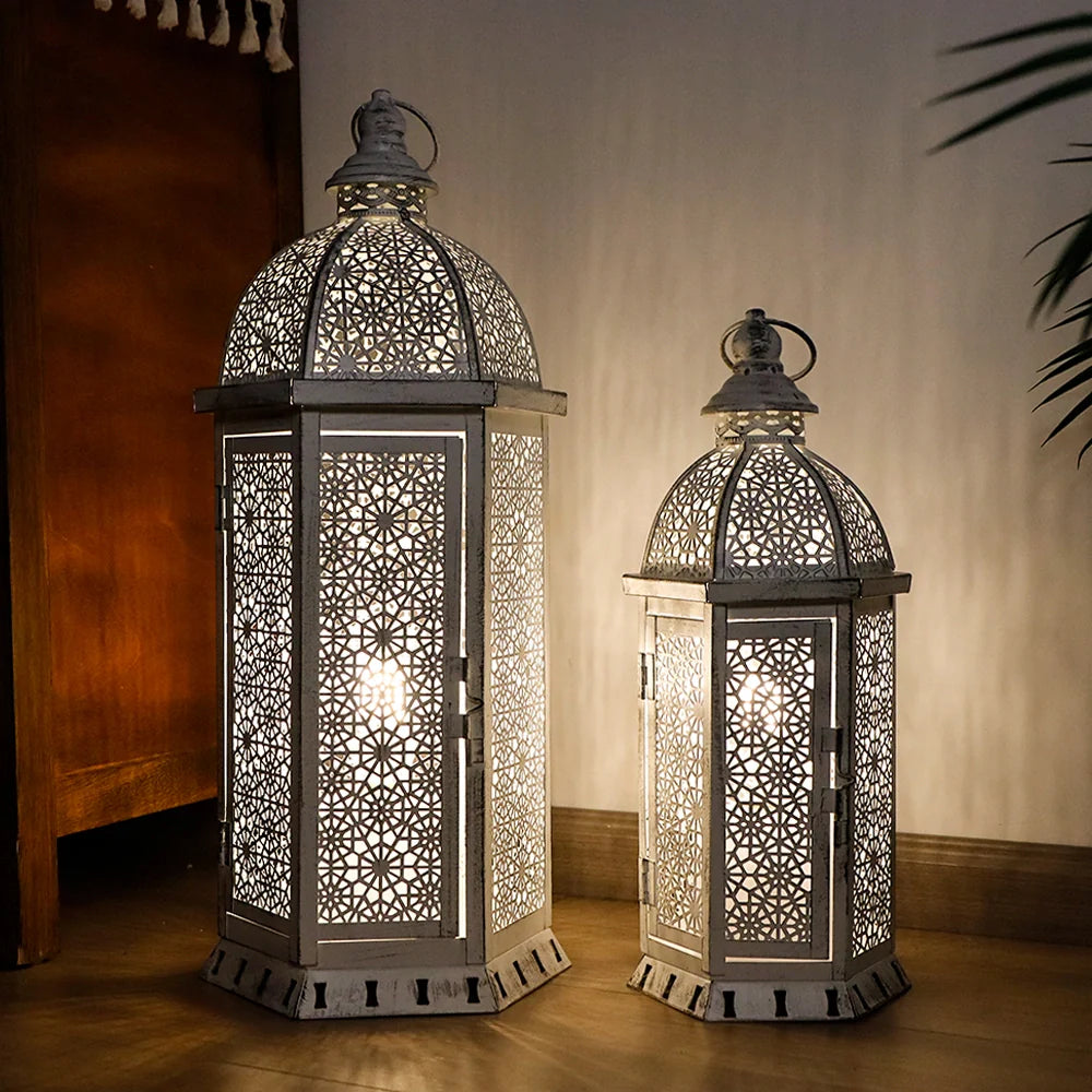 Set of 2-15"&19.5"H White Metal Lanterns