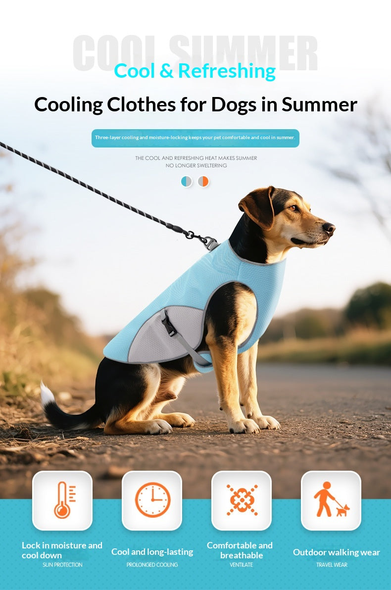 Dog wearing a cooling vest with text 'Cool & Refreshing Cooling Clothes for Dogs in Summer' on a scenic background.