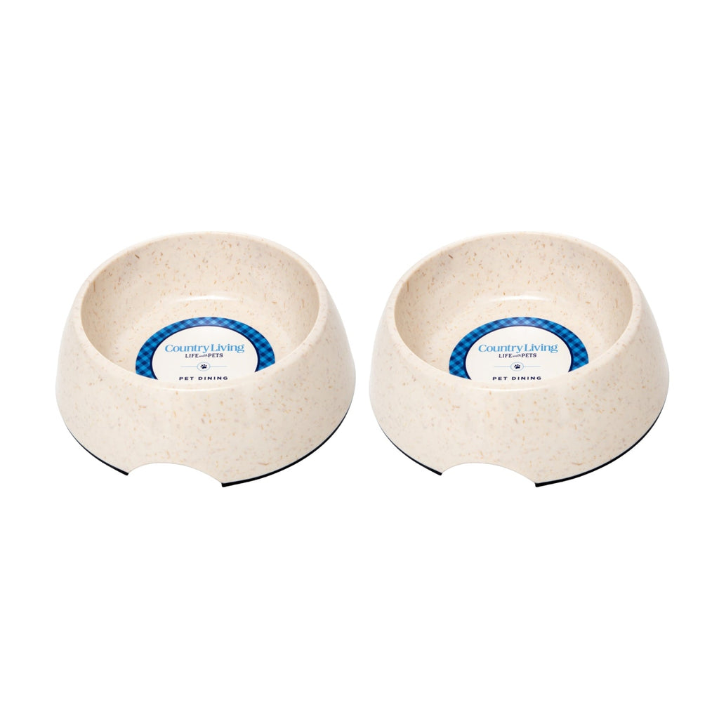 Country Living Set of 2 Natural Fiber Dog Bowls – White Swan bamboo bowls with nature-inspired artwork