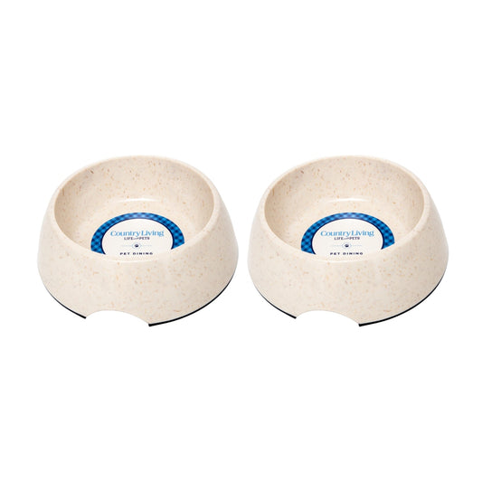 Country Living Set of 2 Natural Fiber Dog Bowls – White Swan bamboo bowls with nature-inspired artwork