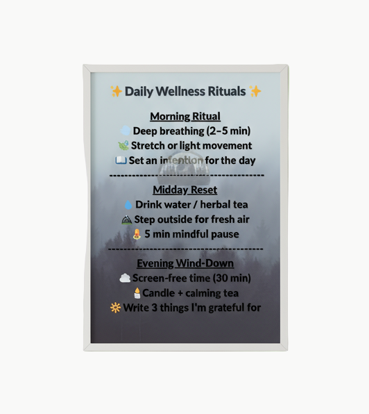 Framed poster with 'Daily Wellness Rituals' list on a gray background