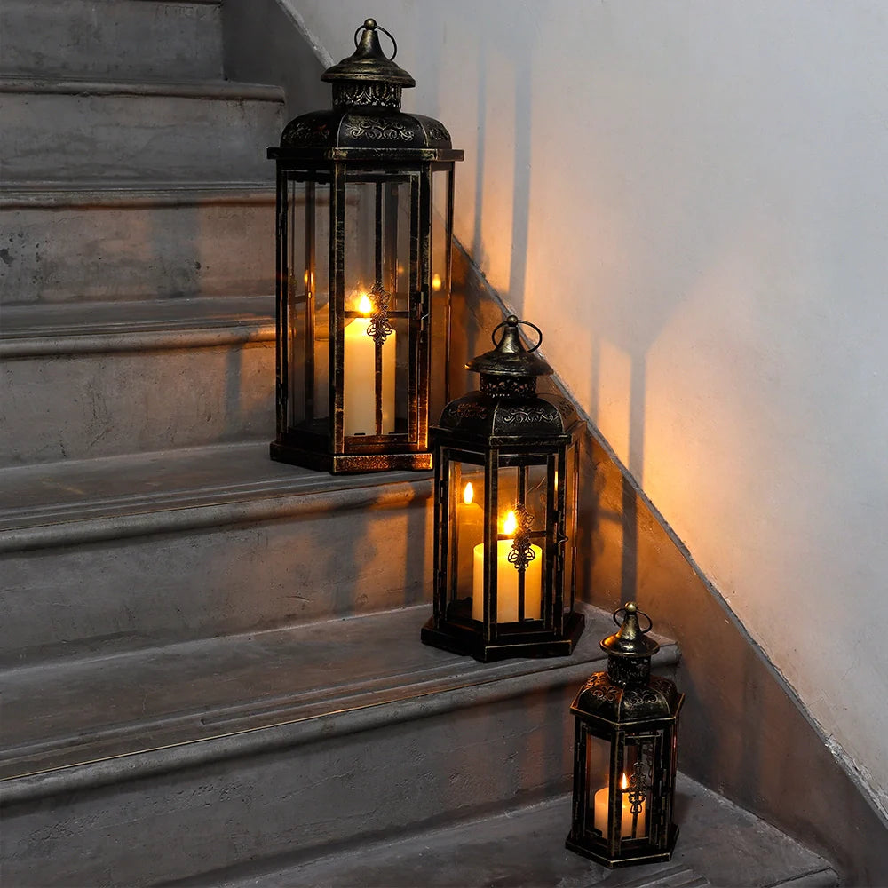 Set of 3 decorative candle lanterns with nature-inspired artwork - product view 3