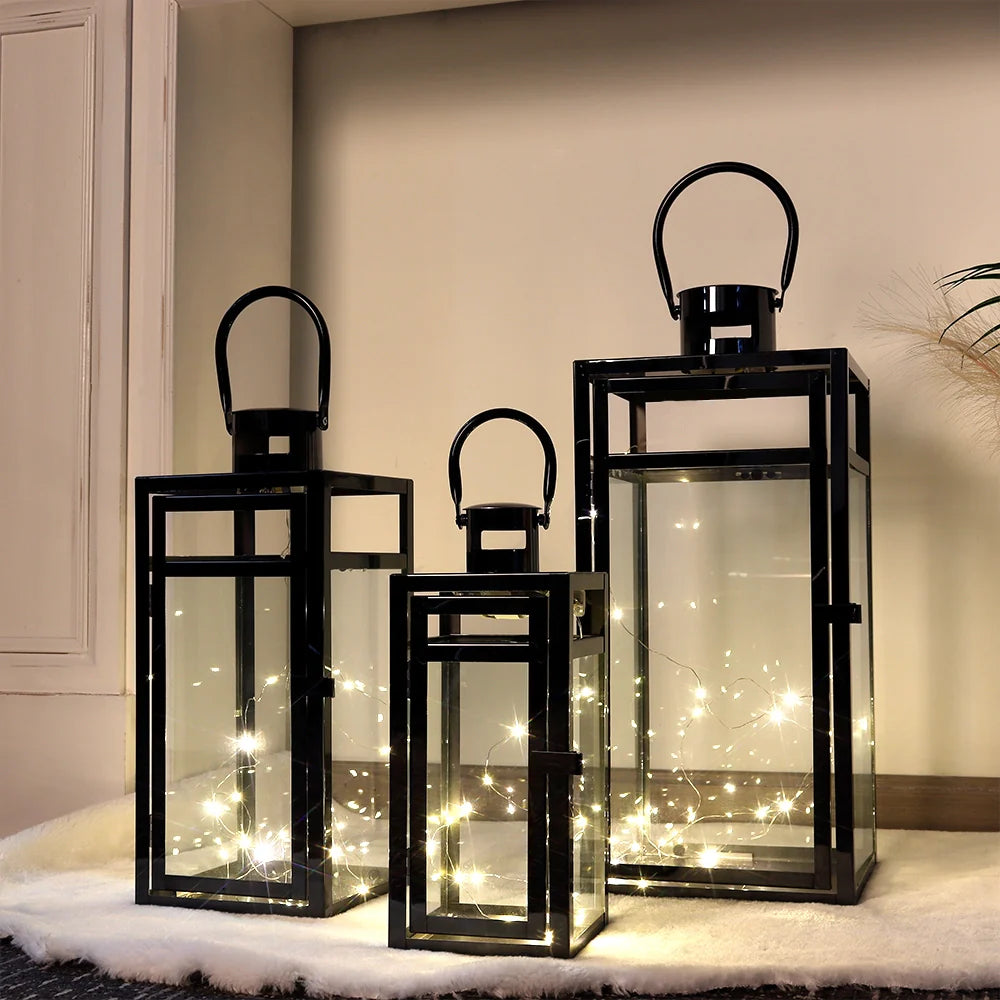  Set of 3 Stainless Steel Lantern (12/15/19'') decorative candle lanterns with nature-inspired artwork - product view 2