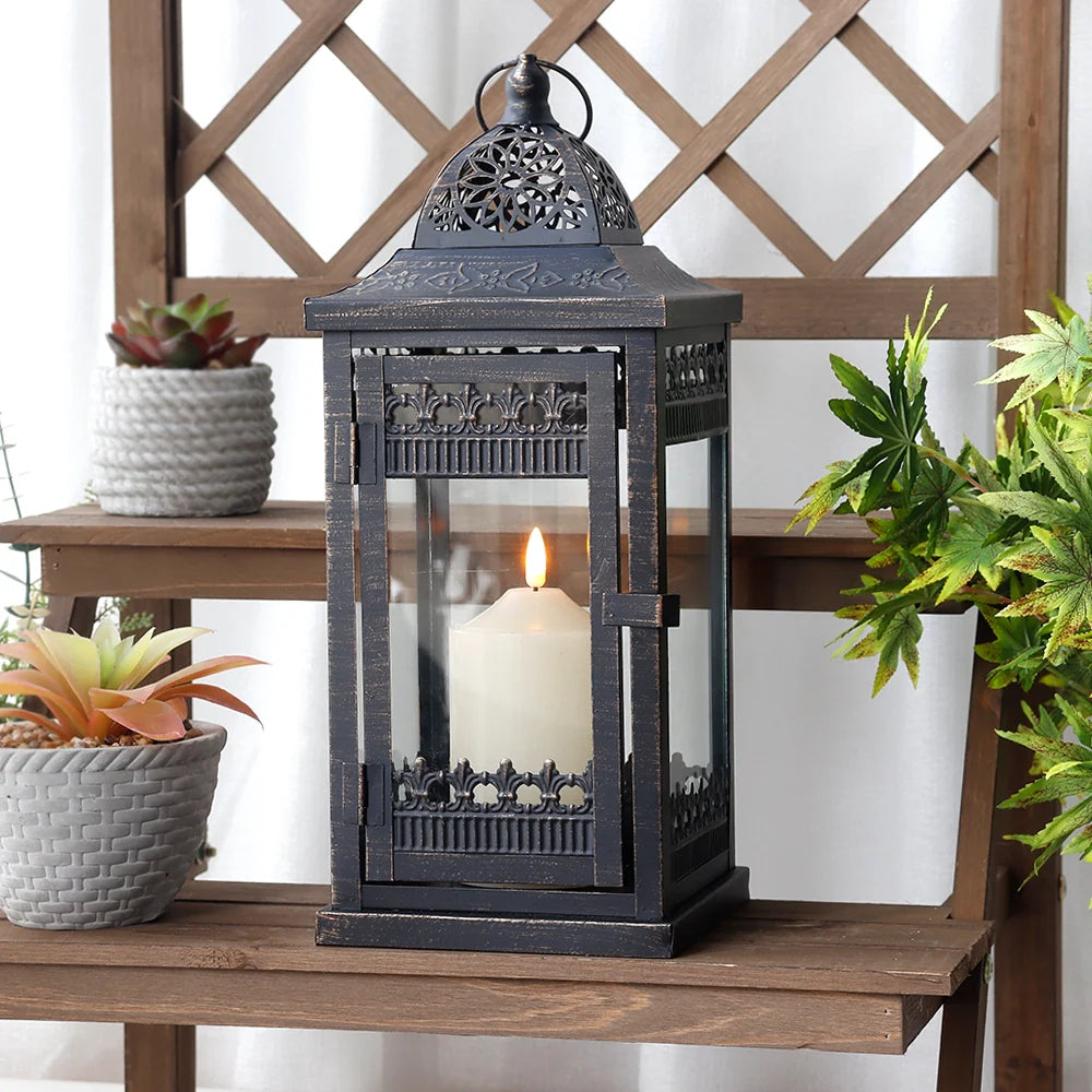 14.5"High Vintage Hanging Lantern（Black with Gold Brush）