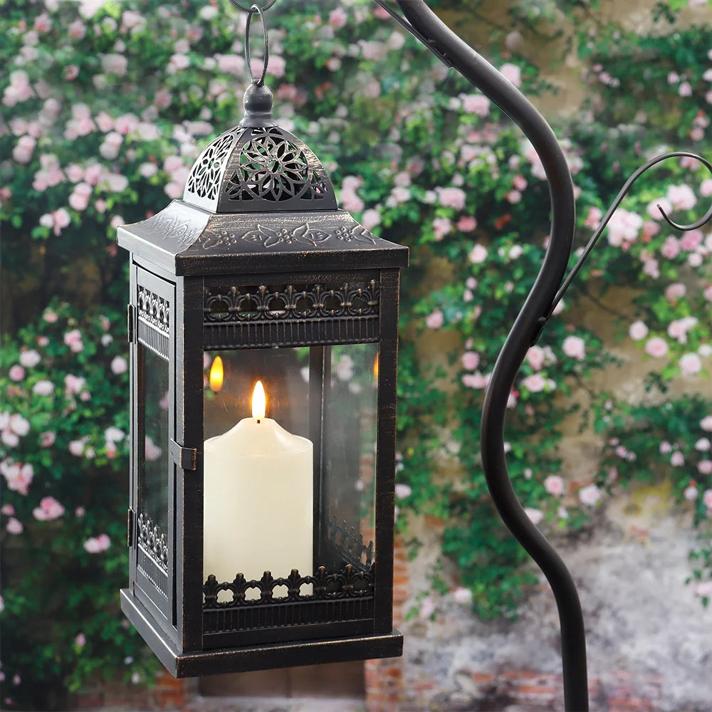 14.5"high Vintage Hanging Lantern（black with Gold Brush） decorative candle lantern with nature-inspired artwork - product view 3